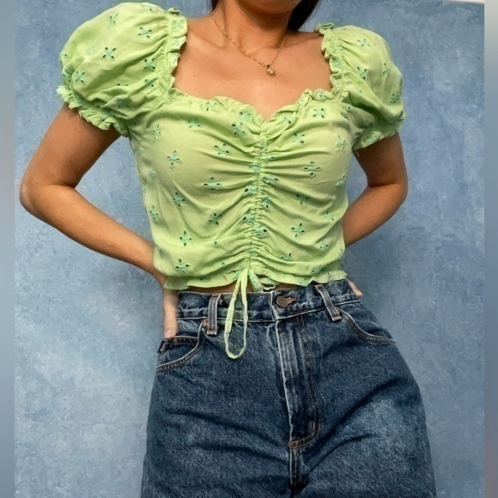 Dizzy Lizzy Lime Green Puff Sleeve Top Ruched Front